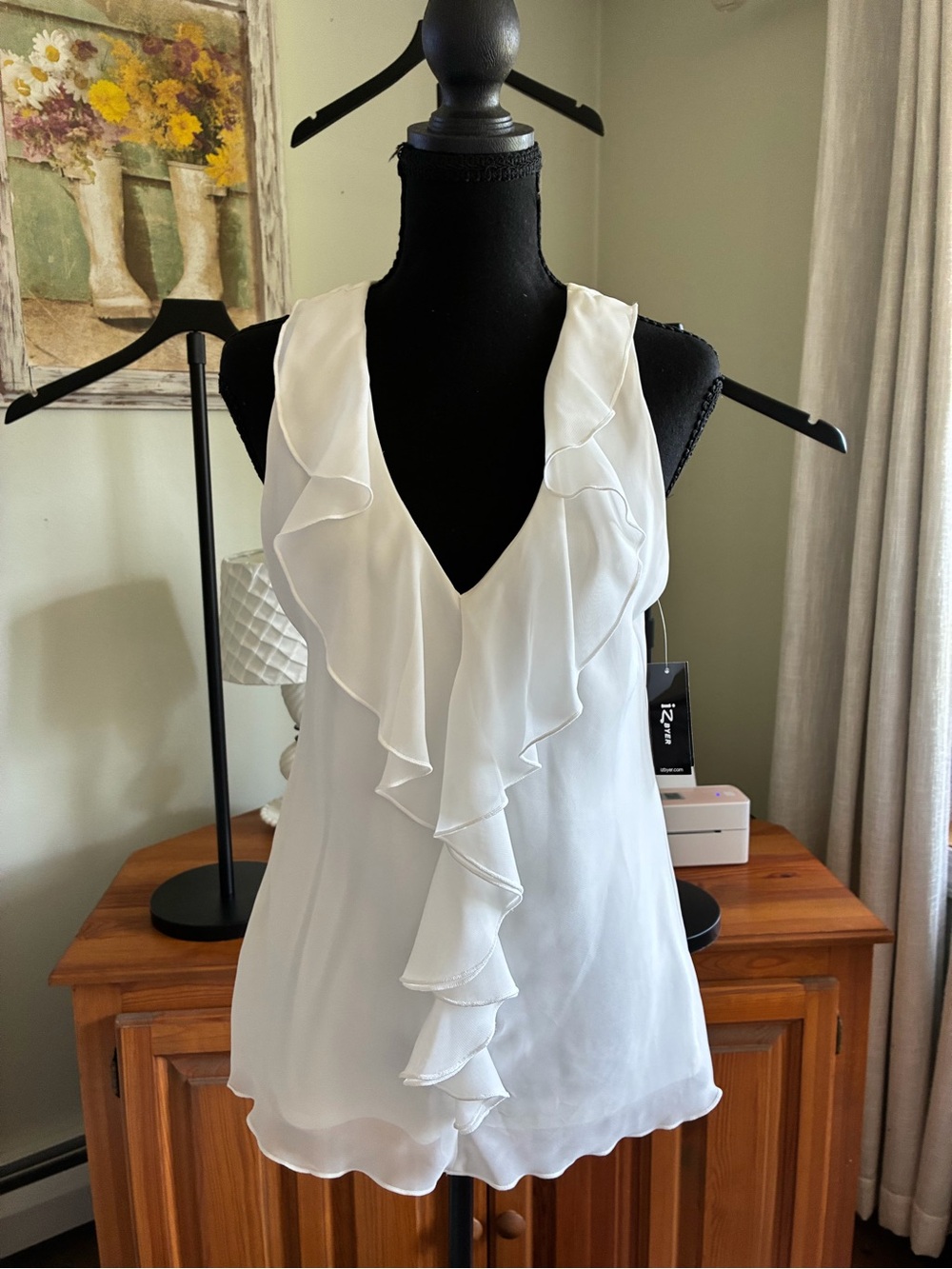 Iz Byer White Ruffled V-Neck Sleeveless Camisole